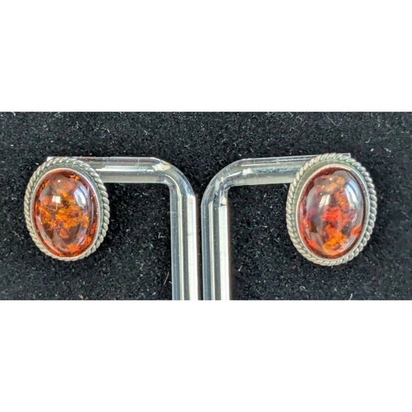 Sterling Silver 925 Amber Oval Stud Earrings Retro Chic Jewelry - Picture 5 of 11